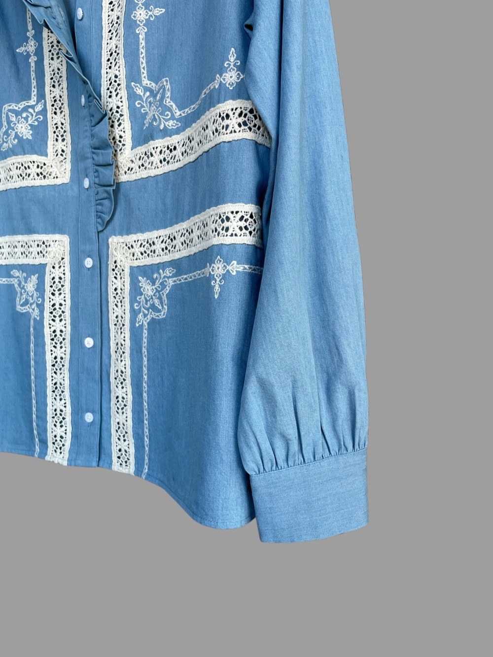SEZANE Blue Ecru Lace Embroidered High Collar Button Down Chambray Ulysse Shirt - Picture 11 of 16